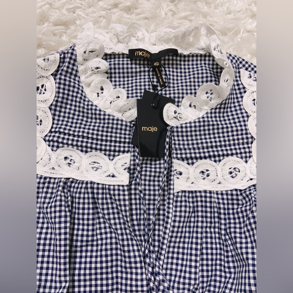 NWT $385 Maje Ritchy Gingham & Lace Dress White Size 40 - Picture 7 of 8